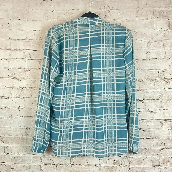 CAbi Women's Medium Windowpane Faux Wrap Long Sleeve Blouse Teal Blue Cream 3068 - Picture 8 of 9